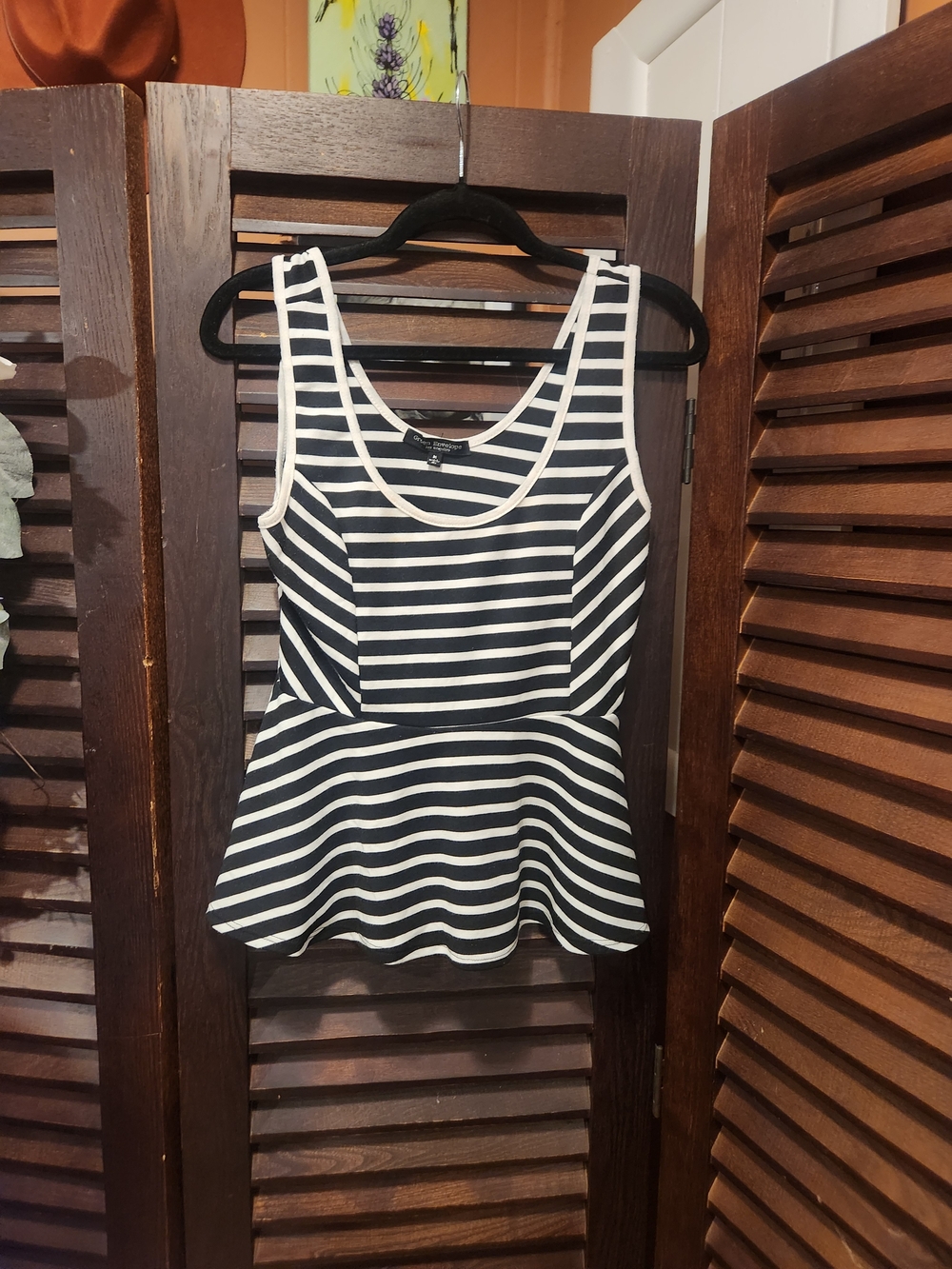 Green Envelope Black & White Striped Peplum Tank